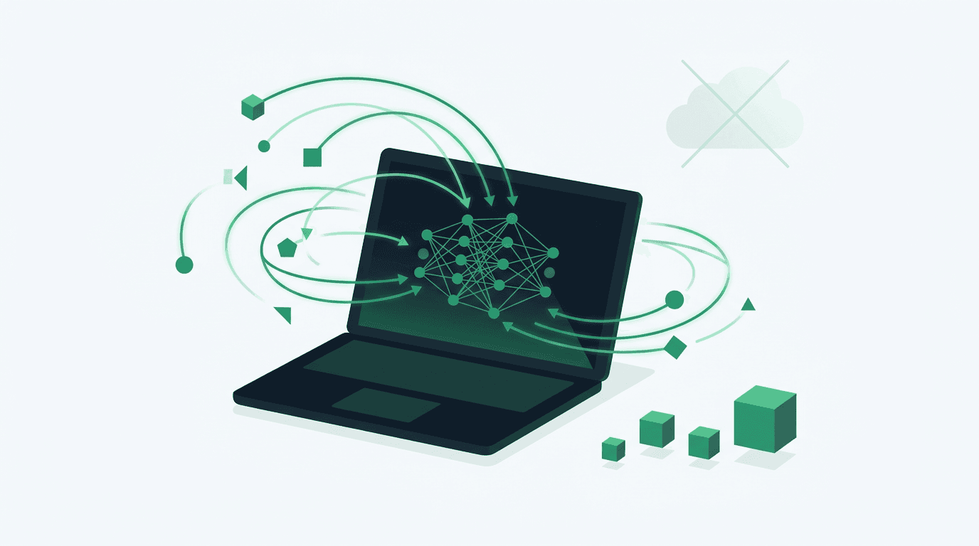Editorial illustration of a laptop running AI models locally with inward-flowing data patterns