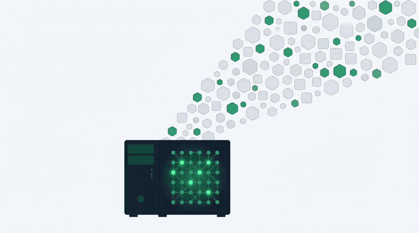 Editorial illustration of a cascade of geometric model tokens flowing into a desktop computer with a sparse glowing expert grid inside